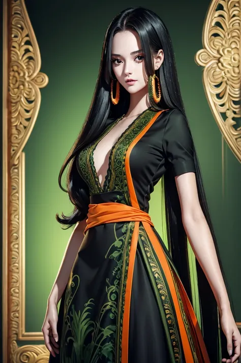 A wonderfull girl looking at us, Very Long Black Hairs((smooth hair)), Wonderfull Eyes(Green | Orange), fin face, tall girl, black thight cloth with long dress, perfect body, 8k ultra-detailed features,(Masterpiece, best quality, ultra-detailed)