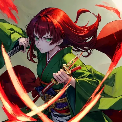 Anime girl with green eyes and dark red hair in a kimono with a sword in a magical battle