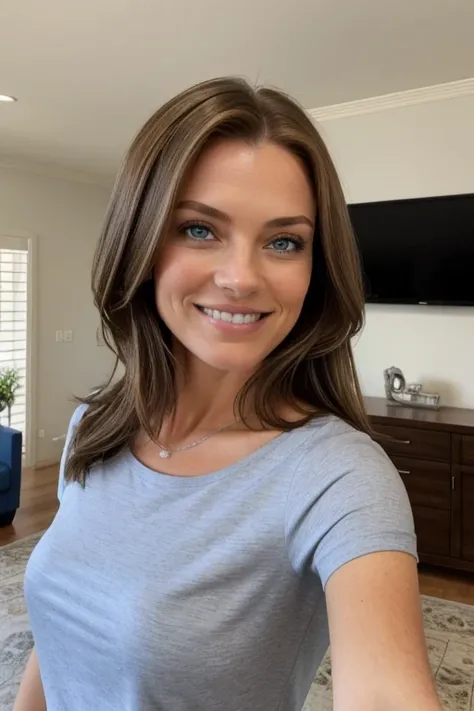 A photo of an average woman, 40 years,  with shoulder-length brown hair and blue eyes taking a selfie in her home, wearing a gray shirt and smiling at the camera in the style of an average woman