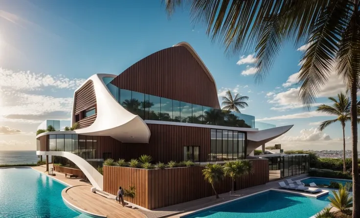 Day, stadium exterior, zaha hadid style, bionic form, curve form, metal and wood mix together, masterpicece, high quality, 8k uhd, tropical landscape