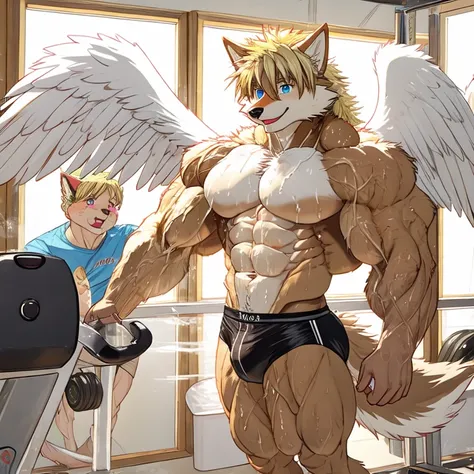 (masterpiece, Best quality:1.2), very young wolf boy, training in gym, in speedos, body covered in  white fur, Furry style,sexual,horny,very muscular wild ,full height,veiny muscles, very long blond hair,freckles on the body and face,blue eyes,defined musc...