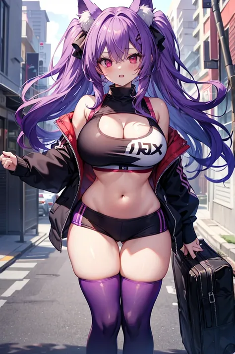 Fox Girl, Large Breasts, Voluminous purple hair, masterpiece , Red eyes, hd, Thick thighs, Head to Chest, buried in my chest、Underboob、Double teeth、tooth、Sports Bra、Knee socks