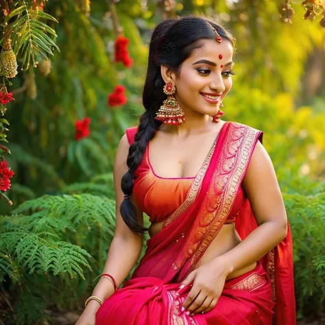 a 25 indian women, in a red designer saree,beautyfull face,light skin color,shy smile,looking at viewer,jhumka in ears,poney tai...