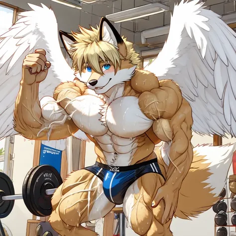 (masterpiece, Best quality:1.2), very young fox boys, training in gym, in speedos, body covered in  white fur, Furry style,sexual,horny,very muscular wild ,full height,veiny muscles, very long blond hair,freckles on the body and face,blue eyes,defined musc...