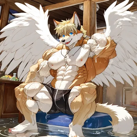 (masterpiece, Best quality:1.2), very young fox boy, bodybuilder, in speedos, body covered in white fur, Furry style,sexual,horny,very muscular wild ,full height,veiny muscles, very long blond hair,freckles on the body and face,blue eyes,defined muscles,we...