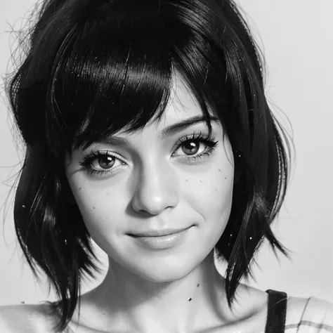 A close-up portrait of a winking girl with a black bob and bangs, manga style, black and white drawing