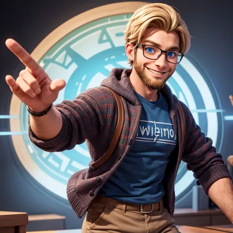 Desenhe um homem nerd usando uma roupa de moletom cinza. He has rounded glasses, cabelo curto, pouco cabelo, cabelo ralo, very short hair, he should be blond with blue eyes and a beard. He is smiling and has his arm outstretched, convidando as pessoas com ...