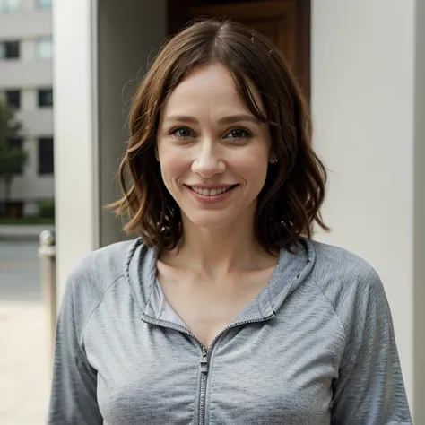 Vera Farmiga dressed in sportswear and smiling