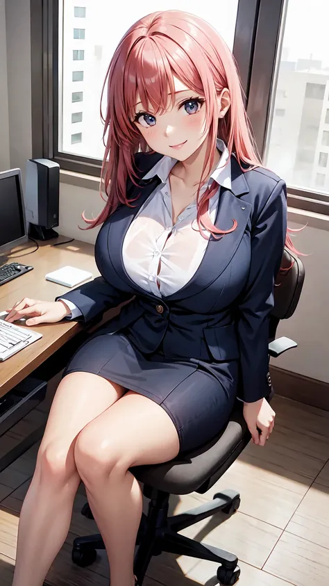 new office lady、、long pink hair、huge breasts that are about to burst:1.4、sitting in an office chair、best style、smile