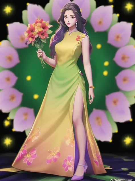 Female Solo ((Adult female));  Long-haired princess (((Big flower dyed in dress beauty)) (Yellow dress reflection) (Red dress reflection) (Green dress reflection) (Black dress reflection) (Purple reflection) (Golden dress reflection) Romance, viewer! (Full...