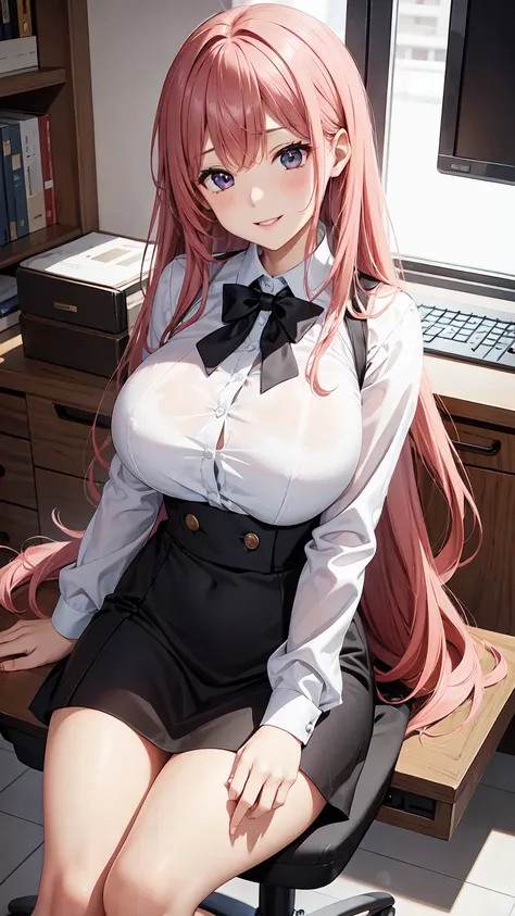 new office lady、、long pink hair、huge breasts that are about to burst:1.4、sitting in an office chair、best style、smile