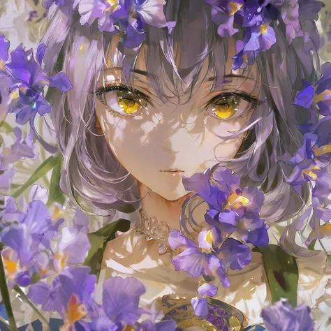 ((highest quality)), ((masterpiece)), (detailed), Perfect Face, Iris flower, purple flower , oil painting style