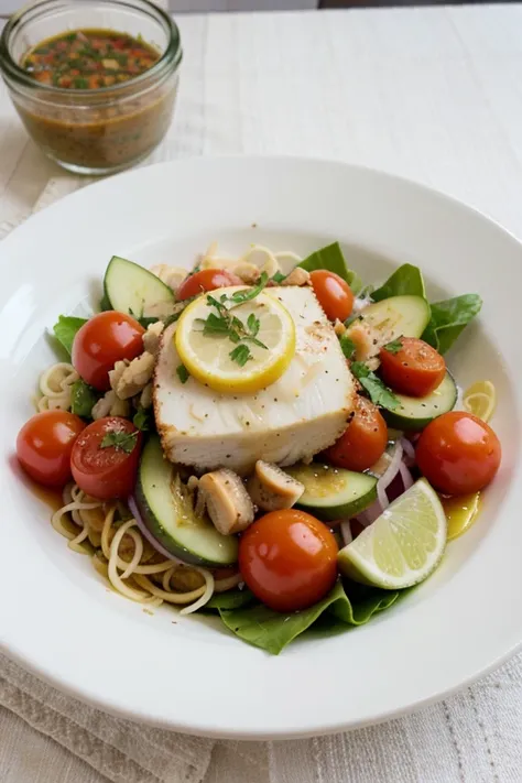 Salada de frango com espinafre, pepino, tomato and lemon vinaigrette.