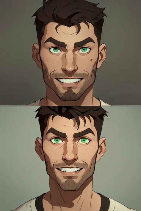 jon, a young guy in his 30s with asymmetric very short brown hair, green eyes, a flat nose, smooth skin, slim athletic body, ((portrait)), grinning, different perspectives 1.3