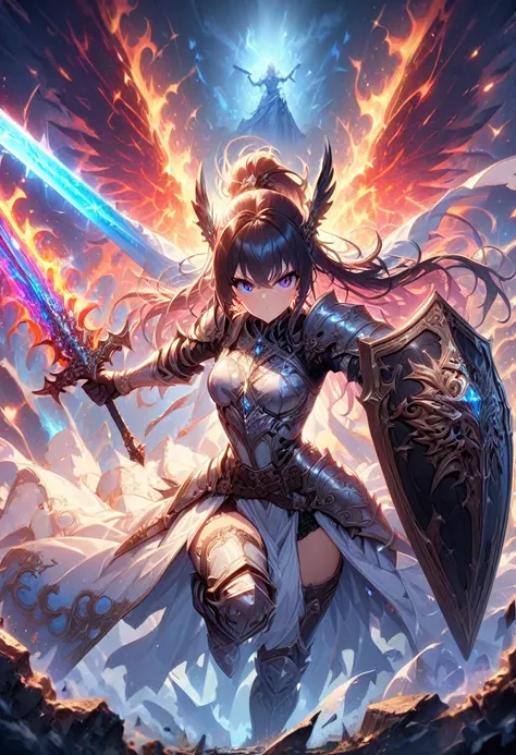 1girl,Swordsman,Sword and shield,(best swordsmanship, skilled swordsman,sword fighting expert,ethereal swords,forcefield defense:1.2),(great detail,ultra detailed,sharp focus,highres),(fantasy,illustration),(detailed armor,glistening metal),(epic battle,ac...