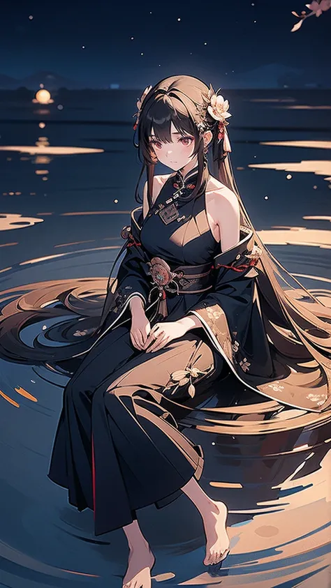 Huashen,1girl,solo,long hair,black hair,hair ornament,dress,holding,bare shoulders,jewelry,sitting,closed mouth,full body,flower,water,night,chinese clothes,looking down,moon,cherry blossoms,night sky,full moon,branch,ripples,lotus,