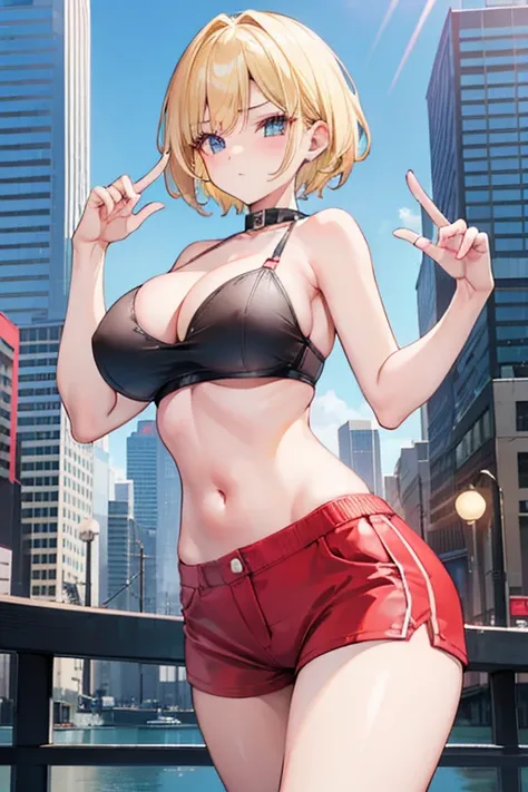 1girl, teenager, big breast, blonde hair, short haired, black bra, red hot pants, cleavage, model gesture, city background.