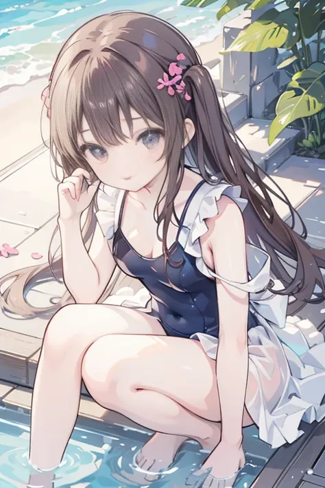 masterpiece, best quality, physically-based rendering, high resolusion, RAW photo, photo realistic,

1 girl, (10years old), Japanese, ((one-piece swimsuit)), brown hair, side tails, flower hair ornament, light blue scrunchie on wrist,

(leaning forward, cl...