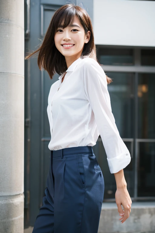 Japanese talent Riho Yoshioka,２8-year-old woman,Blue factory work trousers,running,Beauty,smile,