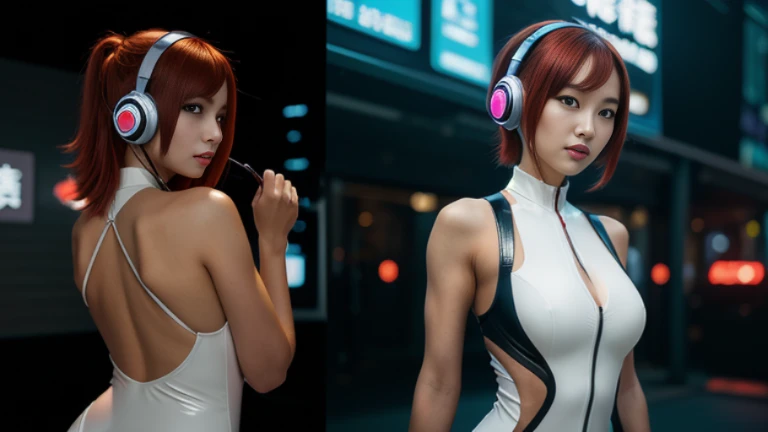 ((highest quality)), ((masterpiece)), ((Realistic)),High Contrast, 19 years old, Redhead girl, Shoulder-length hair,Headphones,(Red Neon),(cyber punkの背景), リラックスした幸せなface,((非常にdetailedな目)),Very detailed glowing eyes, ((thin)) ,Rubber bodysuit, ( White one p...