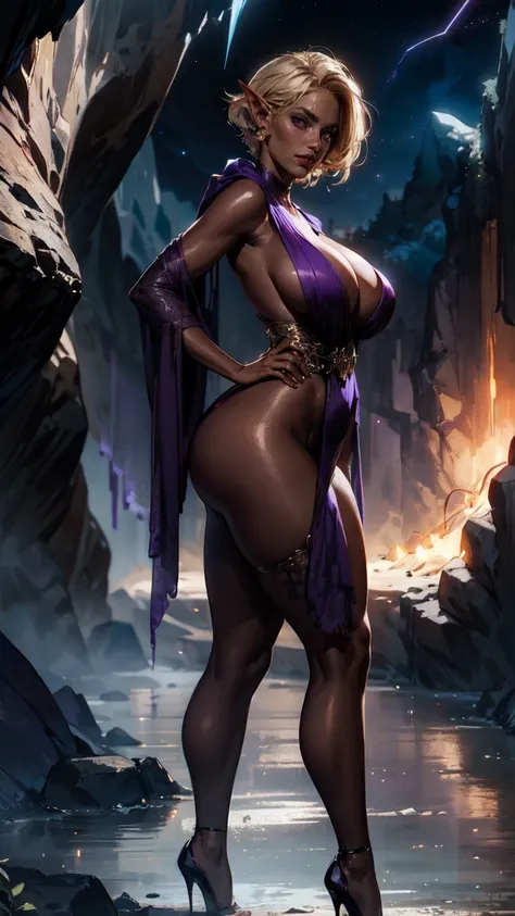 (masterpiece, realistic, best quality, perfect face, (beautiful and aesthetic:1.4), highest detailed face), ((gorgeous dark elf sorceress, (purple eyes:1.2), (dark skin:1.4), (flawless dark brown skin:1.4), shaply thighs, (short blonde hair:1.3), fake brea...