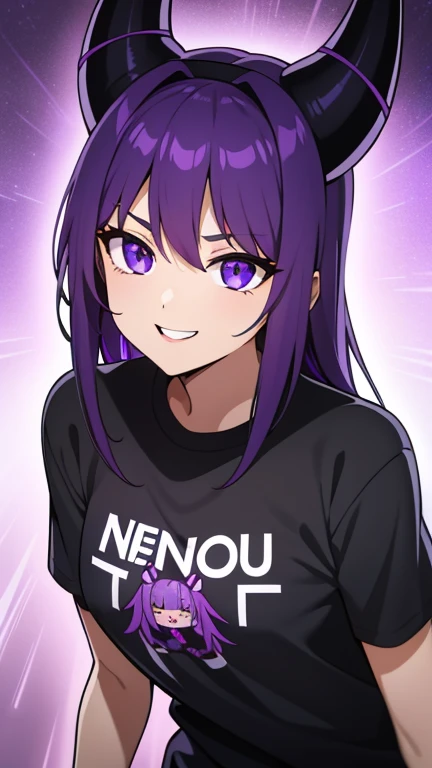 Fille seul, cheveux longs et noirs, purple neon horns on the head, yeux violets fins, Tee-shirt noir, veste noir par dessus le tee shirt, pentalon noir, vue en portrait, poitrine forte, expression du visage : heureuse, souriante, excited, folle.