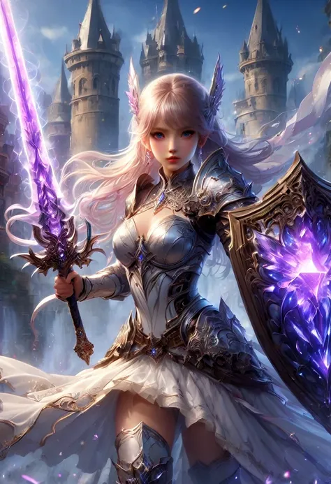 1girl,Swordsman,Sword and shield,(best swordsmanship, skilled swordsman,sword fighting expert,ethereal swords,forcefield defense:1.2),(great detail,ultra detailed,sharp focus,highres),(fantasy,illustration),(detailed armor,glistening metal),(epic battle,ac...