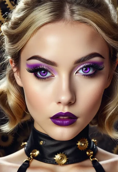 Hyper realistic photo perfect clockwork teen girl, perfect makeup, think curved eyebrows, long thick eyelashes, black eyeliner, dark purple eye shadow, perfect sexy face, cute little nose, curved lips, lipstick, perfect breasts, abs, slim waist, perfect as...