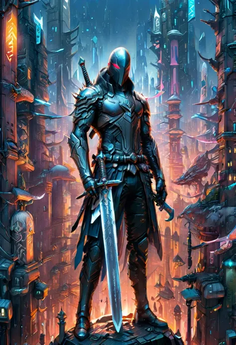 Sworasman, with sword, cyberpunk city, detailed background, (masterpiece, best quality, Professional, perfect composition, very aesthetic, absurdres, ultra-detailed, intricate details:1.3)