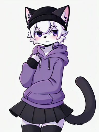 ((Better quality ,Work of art)) , anthro cat boykisser ,beanie , wearing goth Clothing ,((wearing Purple hoodie))  , white body ,((cat Black ears)) , wearing face mask , wearing skirt, 