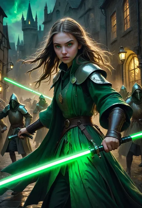 1girl, Swordsman, medieval plague doctors fighting plague infected abominations with dark green lightsabers holding them correctly like swords, green aura, Epic cinematic brilliant stunning intricate meticulously detailed dramatic atmospheric maximalist di...