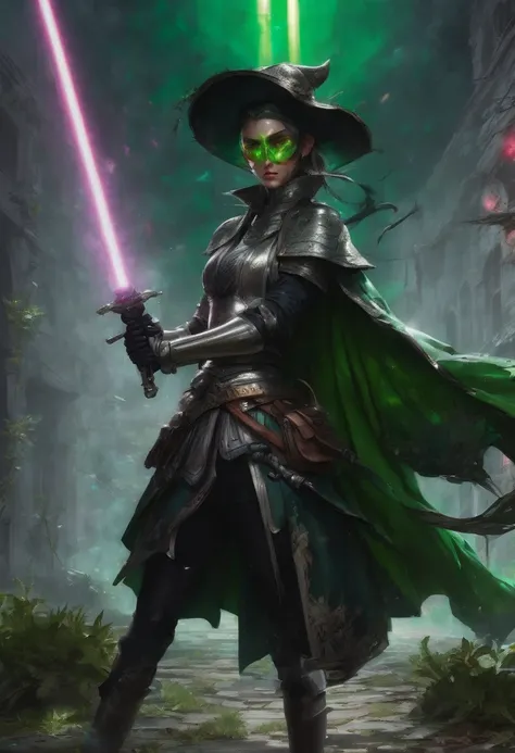 1girl, Swordsman, medieval plague doctors fighting plague infected abominations with dark green lightsabers holding them correctly like swords, green aura, Epic cinematic brilliant stunning intricate meticulously detailed dramatic atmospheric maximalist di...