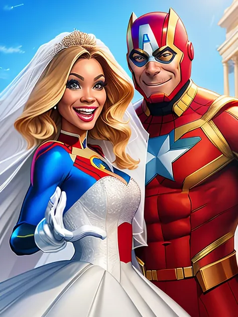 ((digital drawing)),((4k)),((JIM EIDOMODE)), Couple Dc and Dog Marvel - Caricature for Bride and Groom