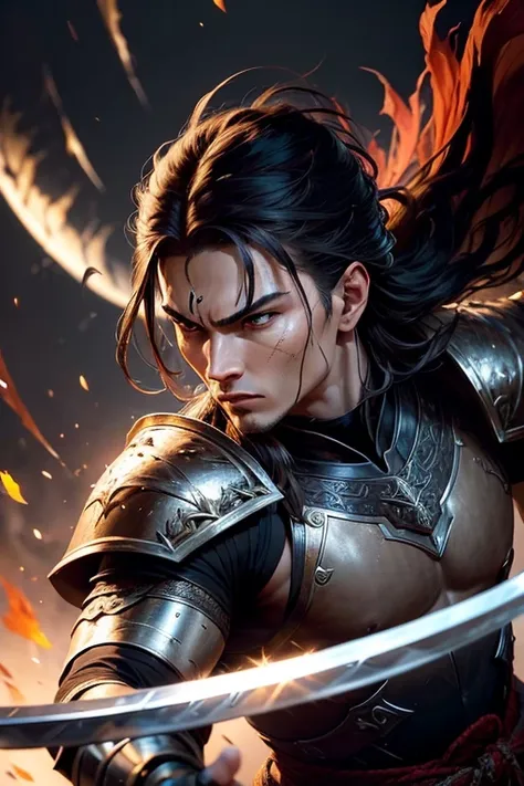 (a skilled swordsman),dramatic lighting,sharp focus,high contrast,oil painting,ancient battle scene,exquisite armor,detailed facial features,strong and muscular silhouette,fierce expression,atmospheric background,weaponry glinting in the light,fluid motion...