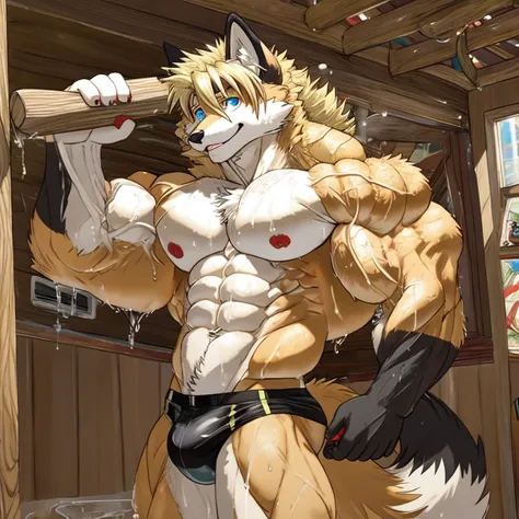 (masterpiece, Best quality:1.2), 3 fox boys, in speedos, body covered in black fur, Furry style,sexual,horny,very muscular wild ,full height,veiny muscles, very long blond hair,freckles on the body and face,blue eyes,defined muscles,wet body from sweat,sha...