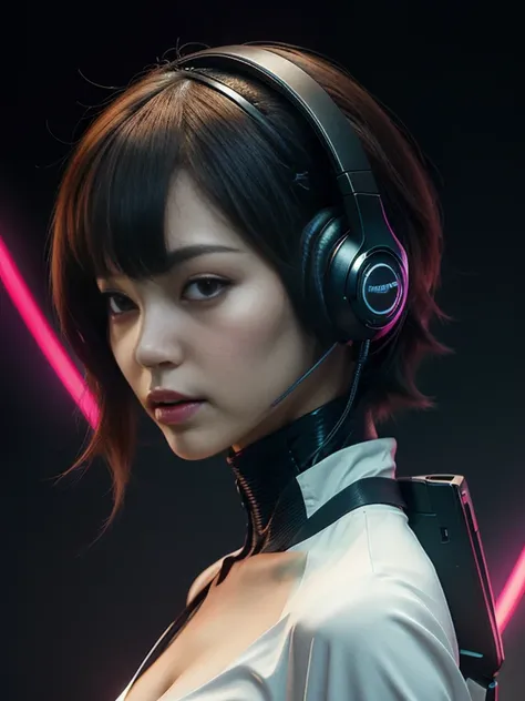 ((highest quality)), ((masterpiece)), ((Realistic)),((Cinema lighting)),angle from the front,looking at viewer,High Contrast, 19 year old Japanese female model,((Beautiful female android)), Medium Hair,Headphones,(Red Neon),(cyber punkの背景), 笑face,((非常にdeta...