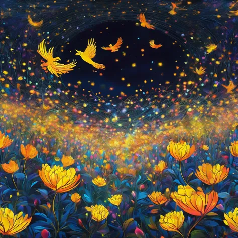 Picture a surreal night scene The eagle takes flight with luminous, neon colors against a pitch-black sky. The ground is unseen, giving the impression that the flower and viewers are suspended in an infinite void. Fireflies and ethereal lights swarm around...