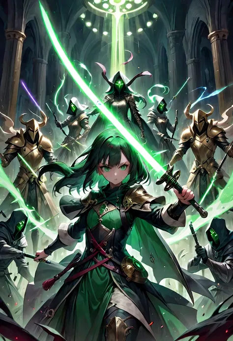 1girl, Swordsman, medieval plague doctors fighting plague infected abominations with dark green lightsabers holding them correctly like swords, green aura, Epic cinematic brilliant stunning intricate meticulously detailed dramatic atmospheric maximalist di...