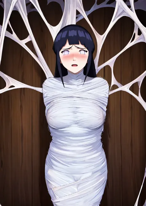 masterpiece, best quality, 1girl, solo, looking at viewer, hinata(shippuden), length hair, floating hair，large breasts , breasts out,  (arms behind back:1.4), hanging,spiders in the web,long spider, Hinata, desperate，struggle, entangled, embarassed face, d...