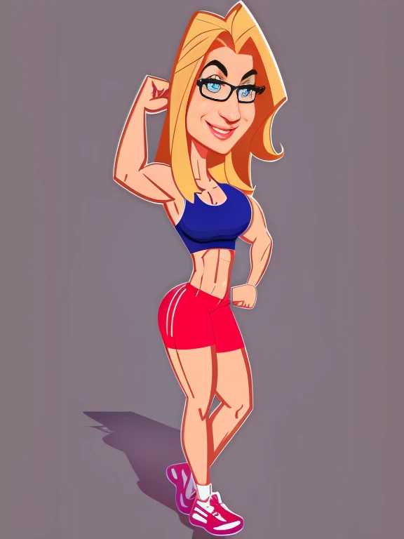 ((digital drawing)),((4k)),((JIM EIDOMODE)), cartoon woman with glasses and red shorts posing for a photo, Fit girl, in cartoon style, fit woman, cartoon art style cartoon, muscular girl, becomes a curvy physique, posing and flexing, Cartoon style illustra...