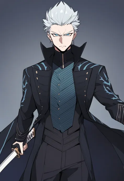 solo, male focus, 1boy, dmc5vergil, serious, looking at viewer, holding sword, holding katana, v-shaped eyebrows, black coat, fi...