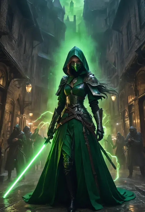 1girl, swordsman, medieval plague doctors fighting plague infected abominations with dark green lightsabers holding them correct...