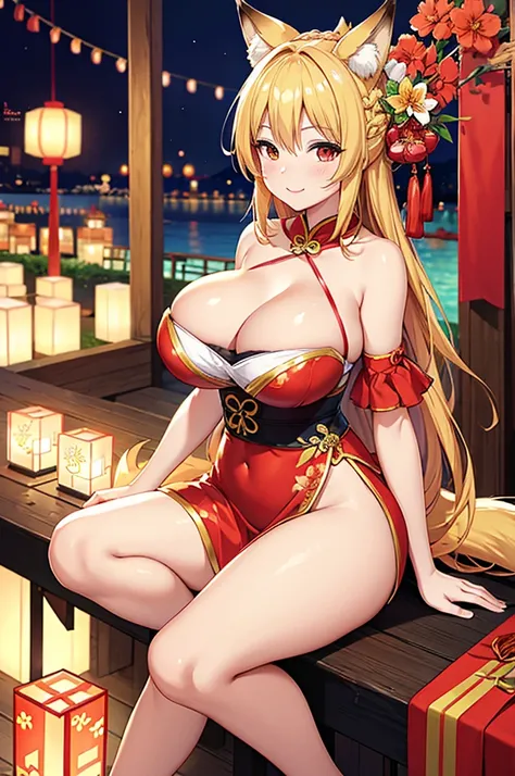 A portrait of a radiant adult 9 tails fox girl with a warm smile directed at the viewer, the background features a vibrant Chinese New Year celebration, lanterns, fireworks, traditional decorations, beautiful scenery, Breasts enlarged, elegant mature woman...