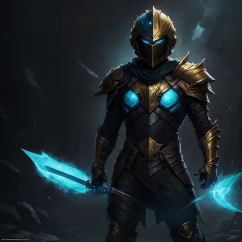 Make a man with an epic helmet and epic armor with a yellow L and a light blue bolt 