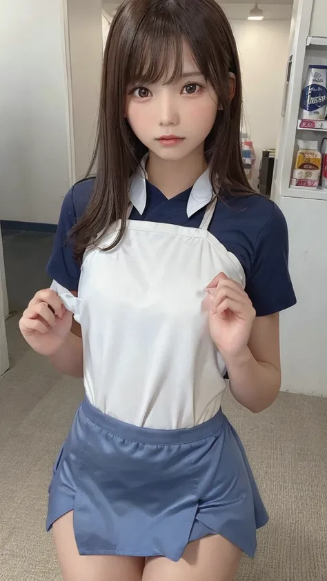 one girl, (a beauty girl, delicate girl:1.3), (15 years old, :1.3), break, (shirt, Navy blue apron, Lawson:1.3), panties, break, Extremely fine grain resolution, (Symmetrical eyes:1.3), break, (Inside a convenience store:1.3), perfectly trimmed fingers, br...