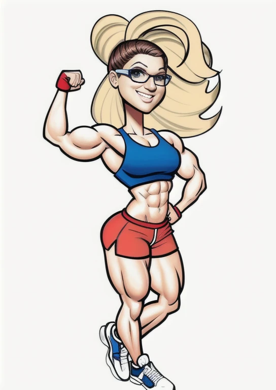 ((digital drawing)),((4k)),((JIM EIDOMODE)), a cartoon woman with glasses and red shorts posing, muscular girl, Fit girl, in cartoon style, fit woman, strong woman, woman bodybuilder, cartoon style illustration, muscular character, strong body, cartoon art...