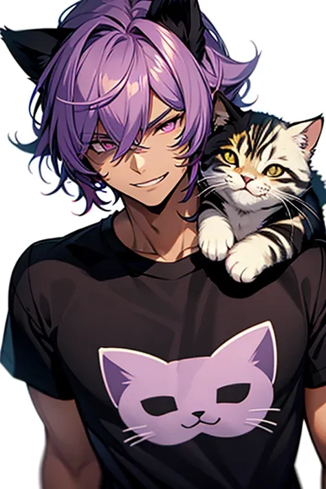 A tall tan boy with purple hair and cat ears and black sclera with white pupils grinning wearing a black top with a kitty logo on the shirt catnap