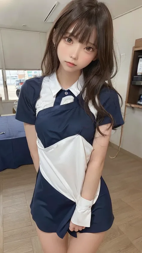 one girl, (a beauty girl, delicate girl:1.3), (15 years old, :1.3), break, (shirt, Navy blue apron, Lawson:1.3), panties, break, Extremely fine grain resolution, (Symmetrical eyes:1.3), break, (Inside a convenience store:1.3), perfectly trimmed fingers, br...