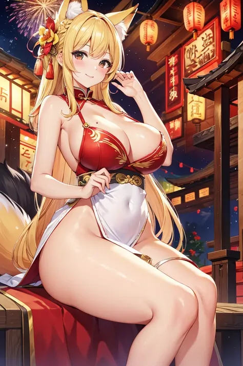 A portrait of a radiant adult 9 tails fox girl with a warm smile directed at the viewer, the background features a vibrant Chinese New Year celebration, lanterns, fireworks, traditional decorations, beautiful scenery, Breasts enlarged, elegant mature woman...