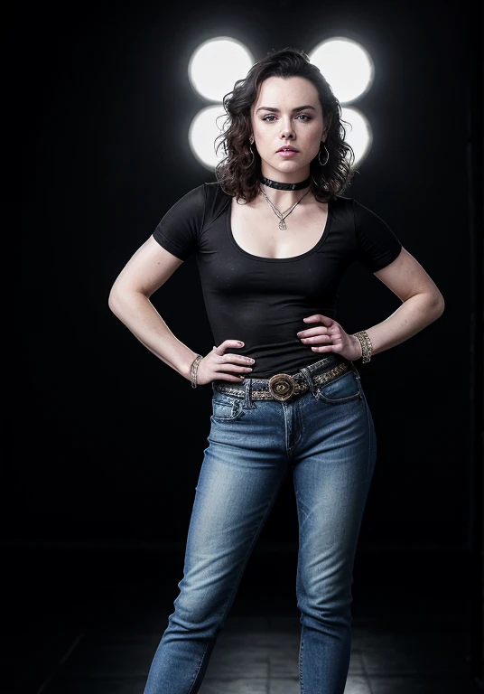 Daisy Ridley Full body, looking like an Glam metal Hard rock band  80s with lots of makeup on her face,  beautiful lips, thin waist, jeans , With biggest busty, With great hair,  in The rock show , looking at The camera, 4k